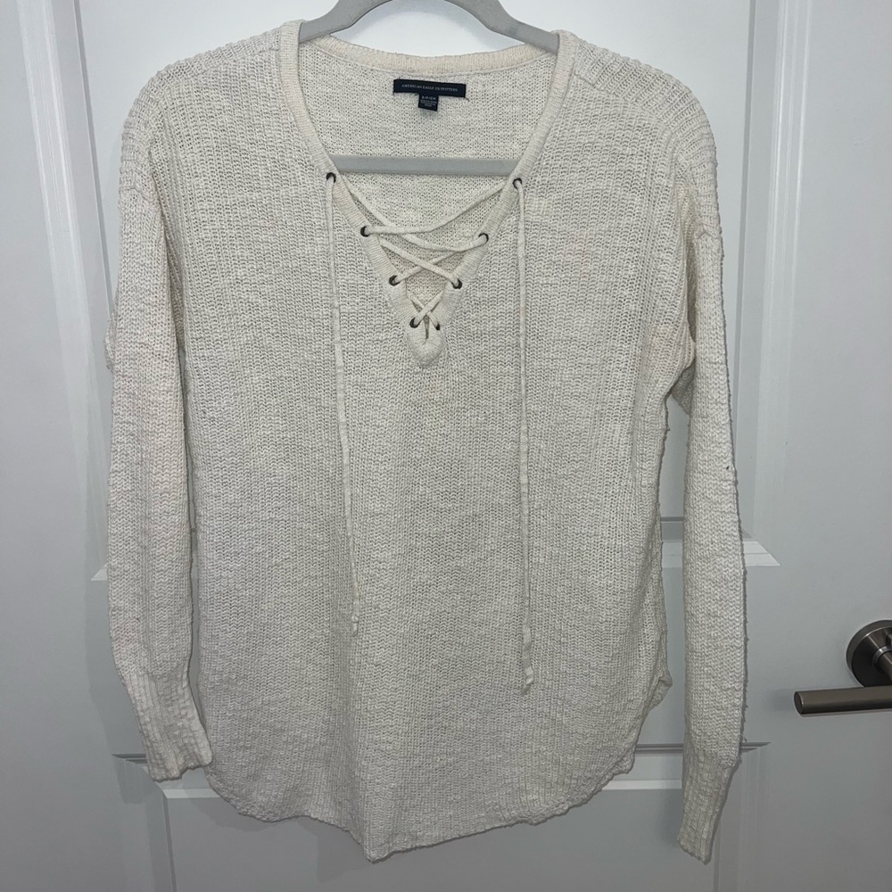 Women's Cream Lace-Up Sweater